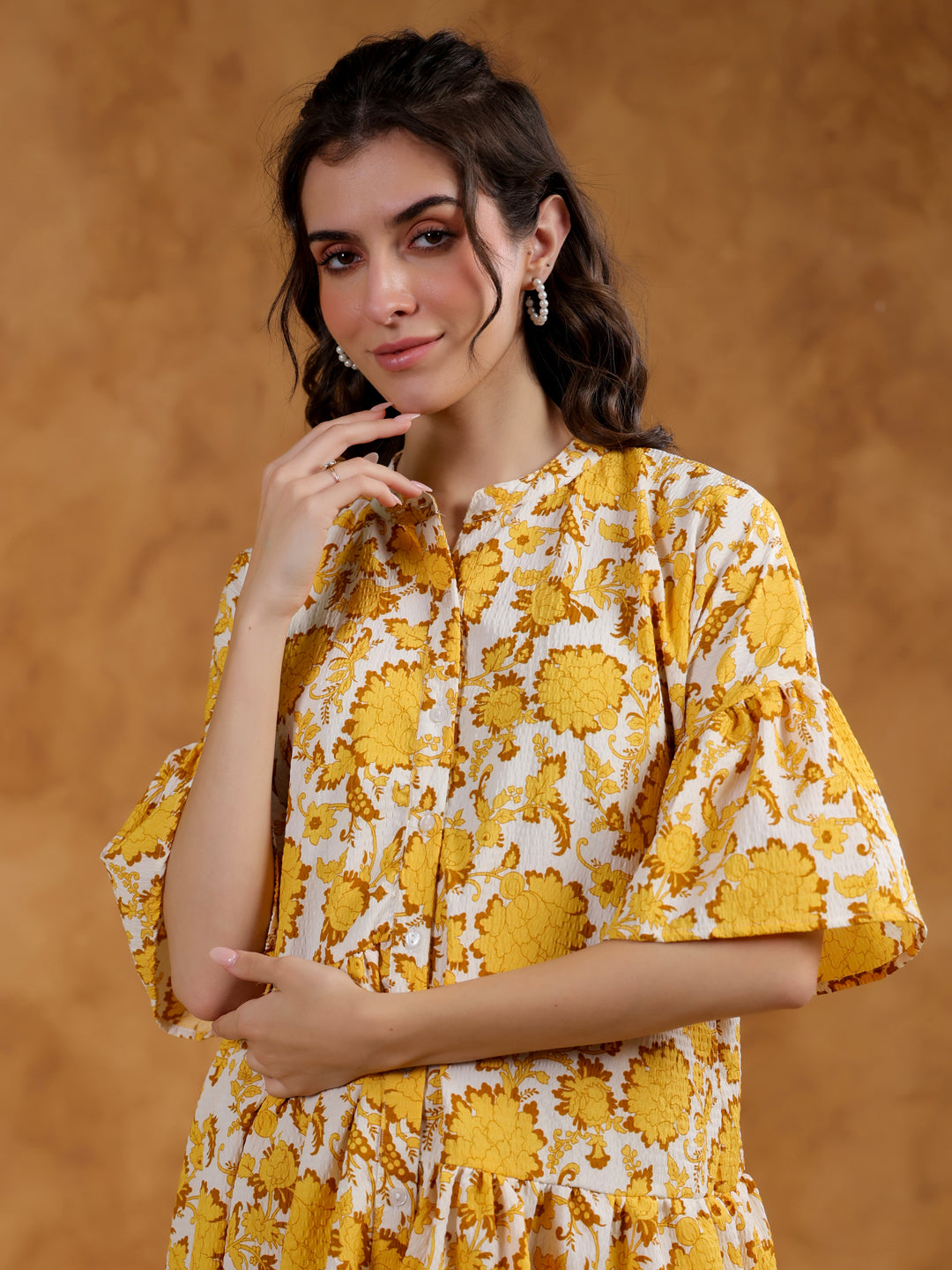 White Round Neck Printed Dress for Women