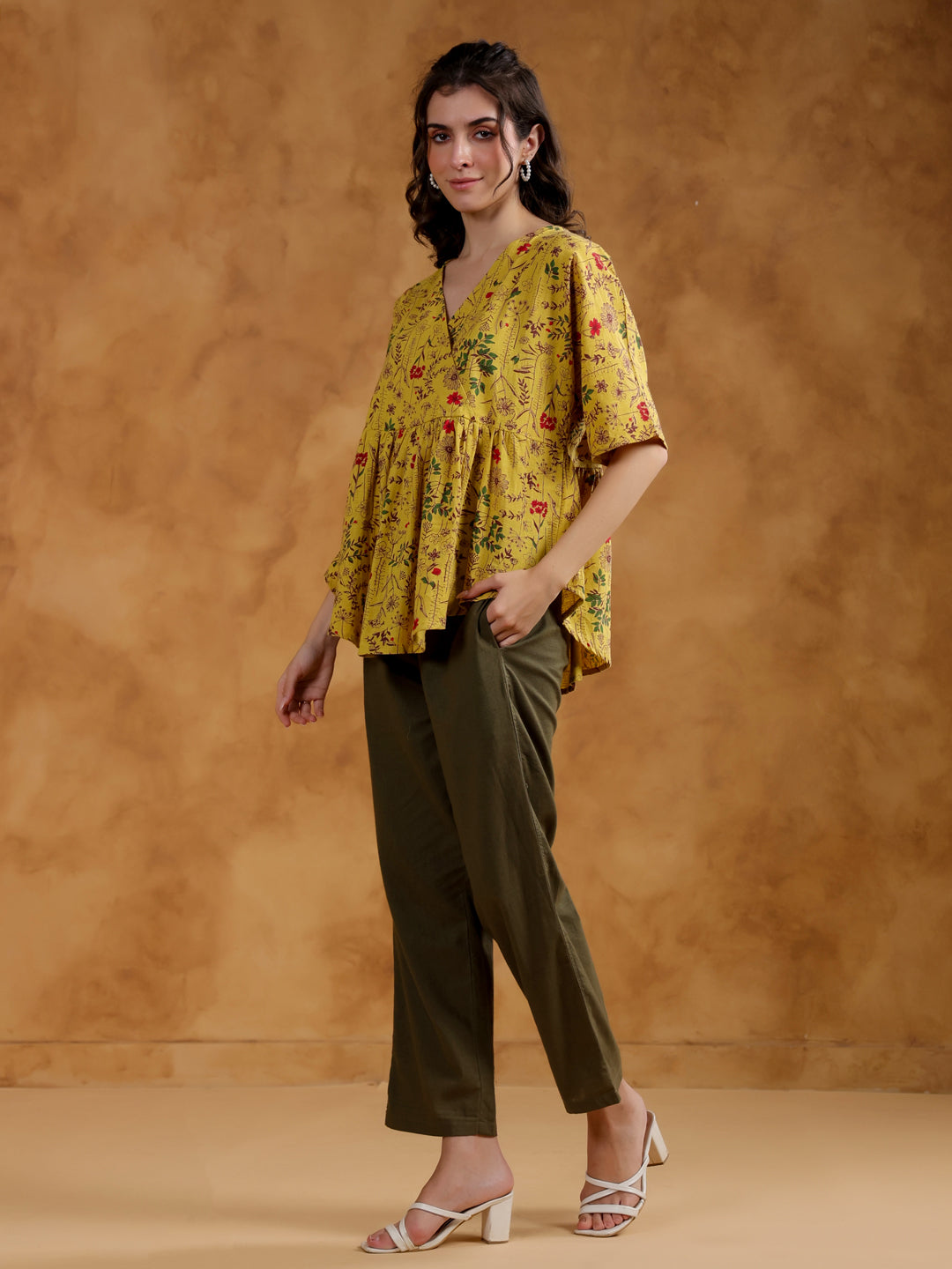 Yellow Color V-Neck Printed co-ords set for women - SanskrutiHomes 