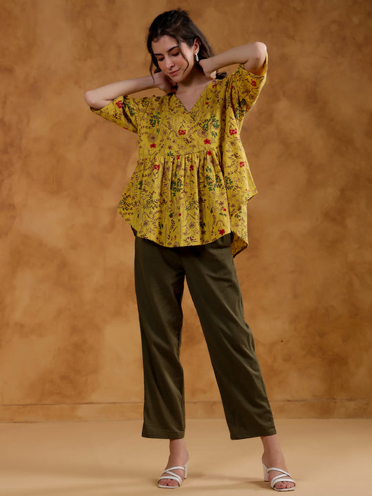 Yellow Color V-Neck Printed co-ords set for women