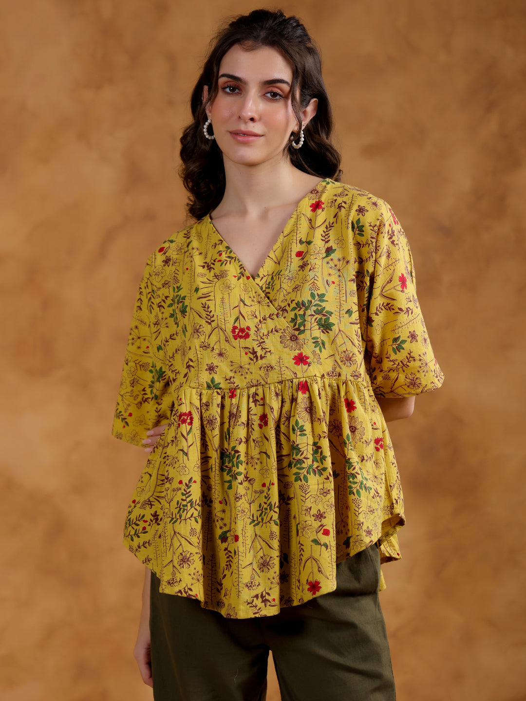 Yellow Color V-Neck Printed co-ords set for women - SanskrutiHomes 