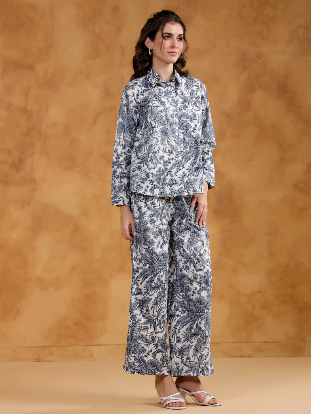 White Shirt Collar Pure Cotton Printed Co-ords Set for Women