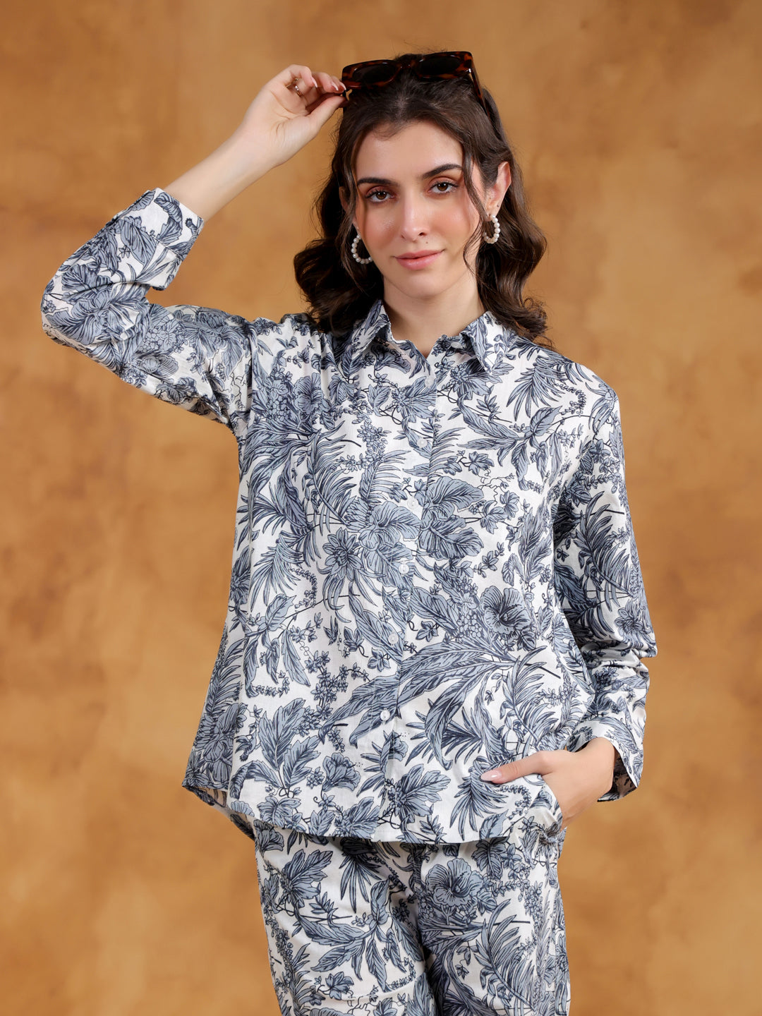 White Shirt Collar Pure Cotton Printed Co-ords Set for Women