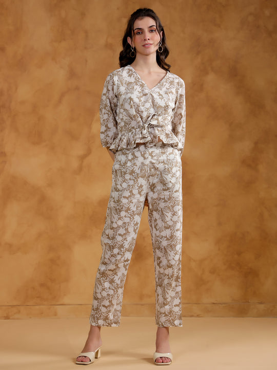 Beige Color V-Neck Printed co-ords set for women