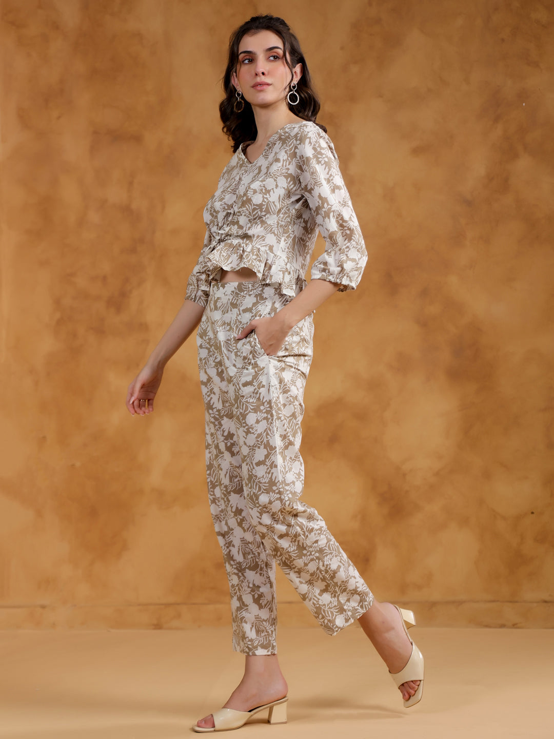 Beige Color V-Neck Printed co-ords set for women