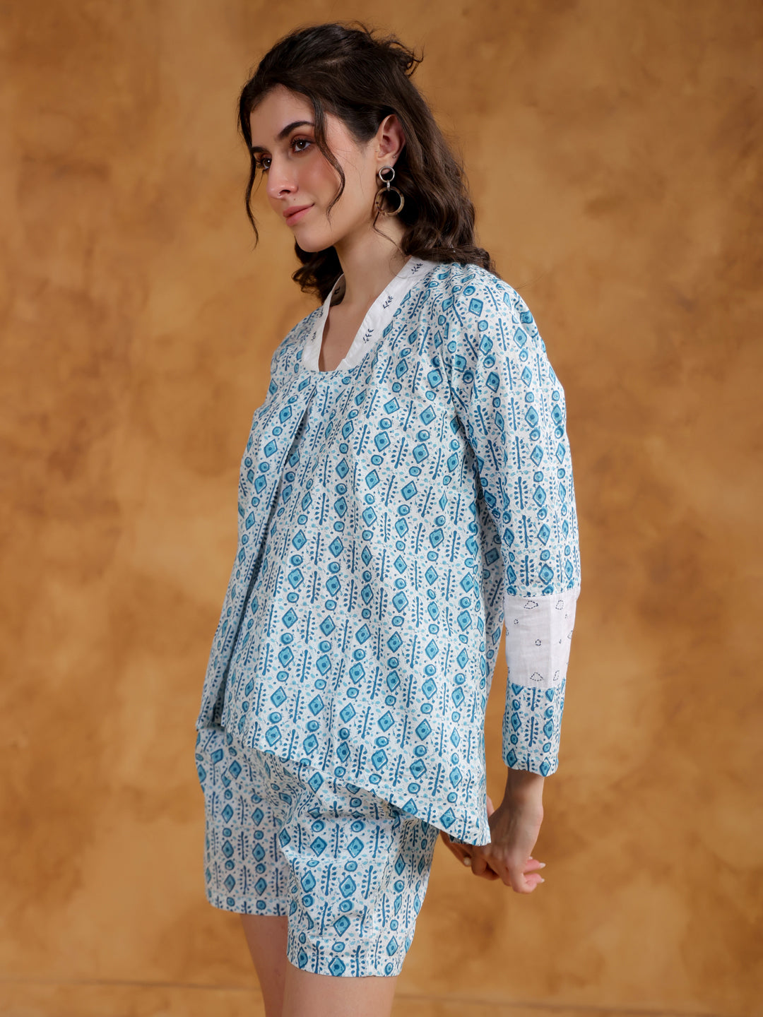 White Color V-Neck Printed co-ords set for women