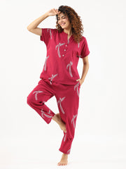 Wine Conversational Eagle printed Night suit set with pyjama