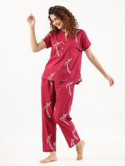 Wine Conversational Eagle printed Night suit set with pyjama