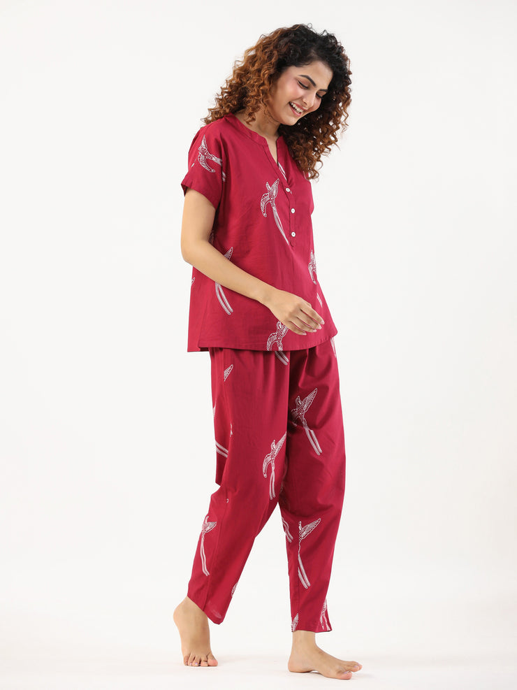 Wine Conversational Eagle printed Night suit set with pyjama