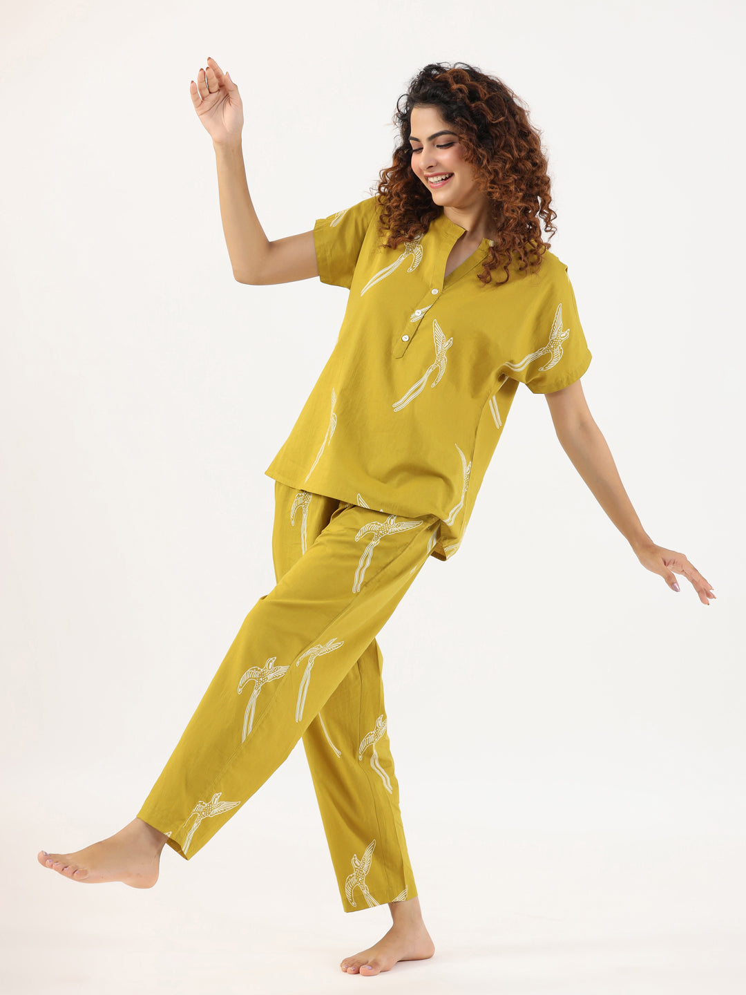 Mustard & White Conversational Print Cotton Night Suit Set For Women