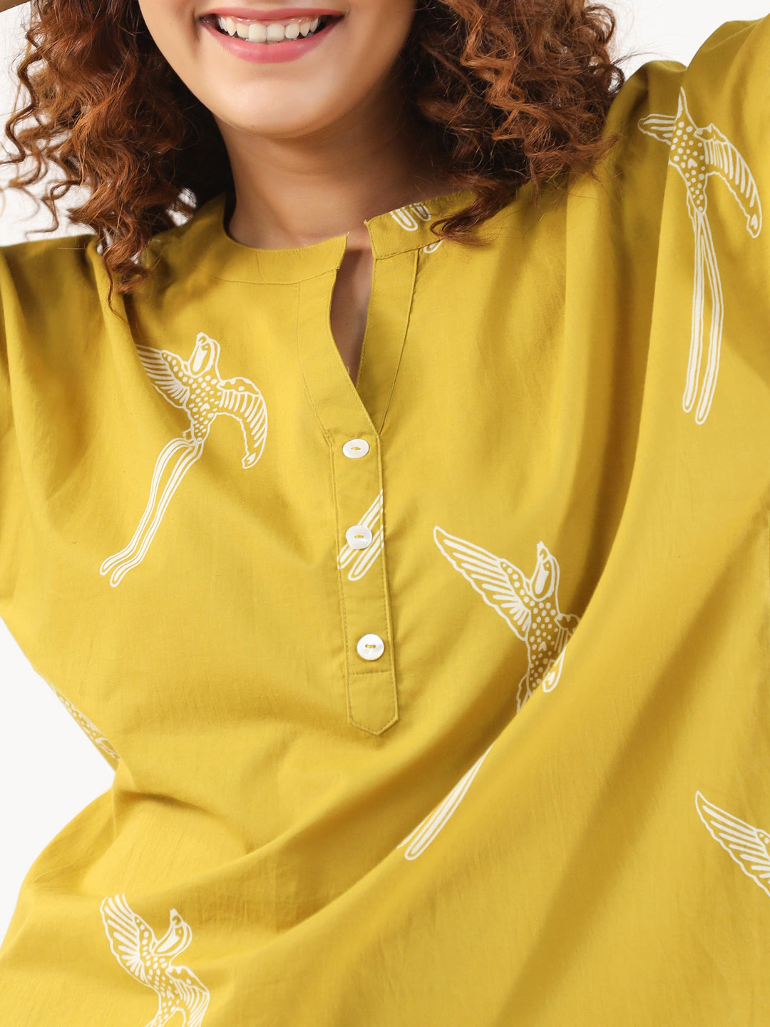 Mustard & White Conversational Print Cotton Night Suit Set For Women