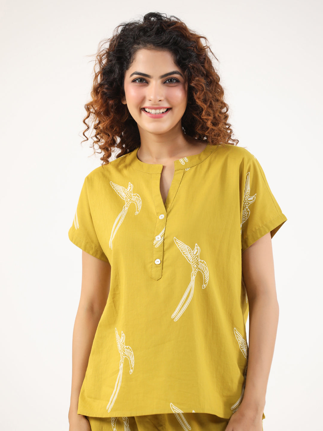 Mustard & White Conversational Print Cotton Night Suit Set For Women