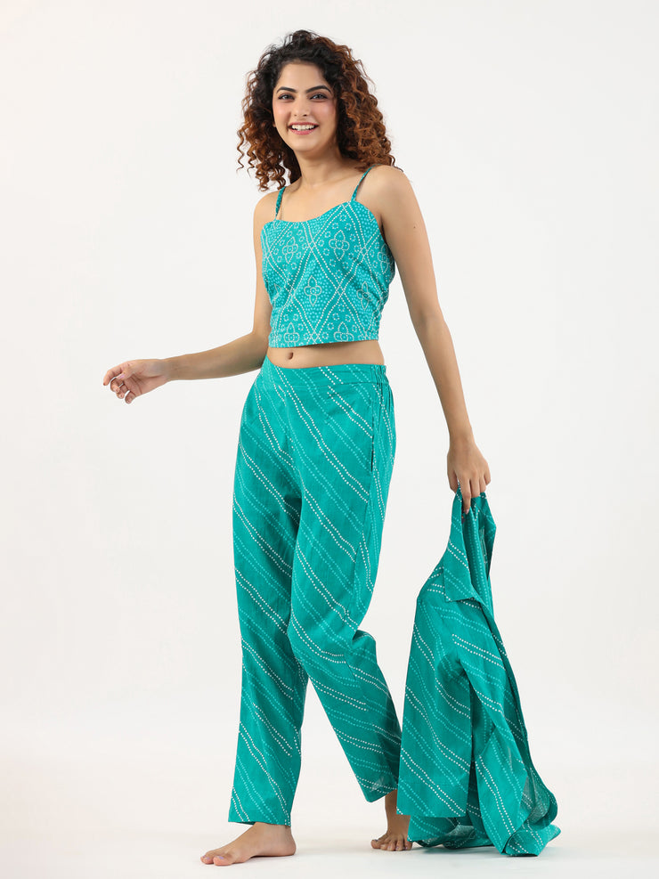 Turquoise Bhandej Cotton 3 peice Co-ord set