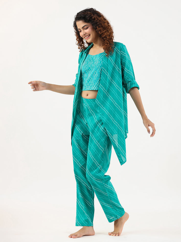 Turquoise Bhandej Cotton 3 peice Co-ord set