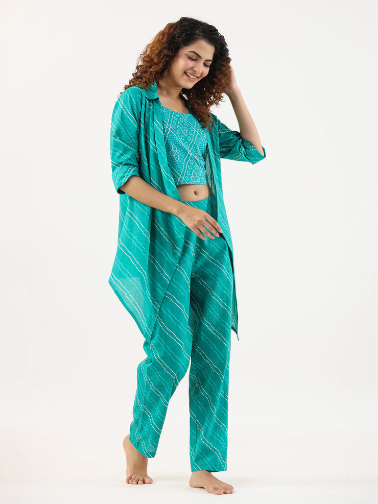 Turquoise Bhandej Cotton 3 peice Co-ord set