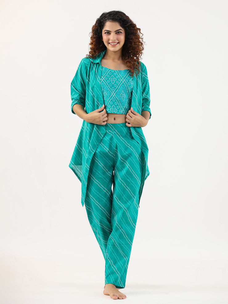 Turquoise Bhandej Cotton 3 peice Co-ord set