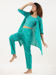 Turquoise Bhandej Cotton 3 peice Co-ord set