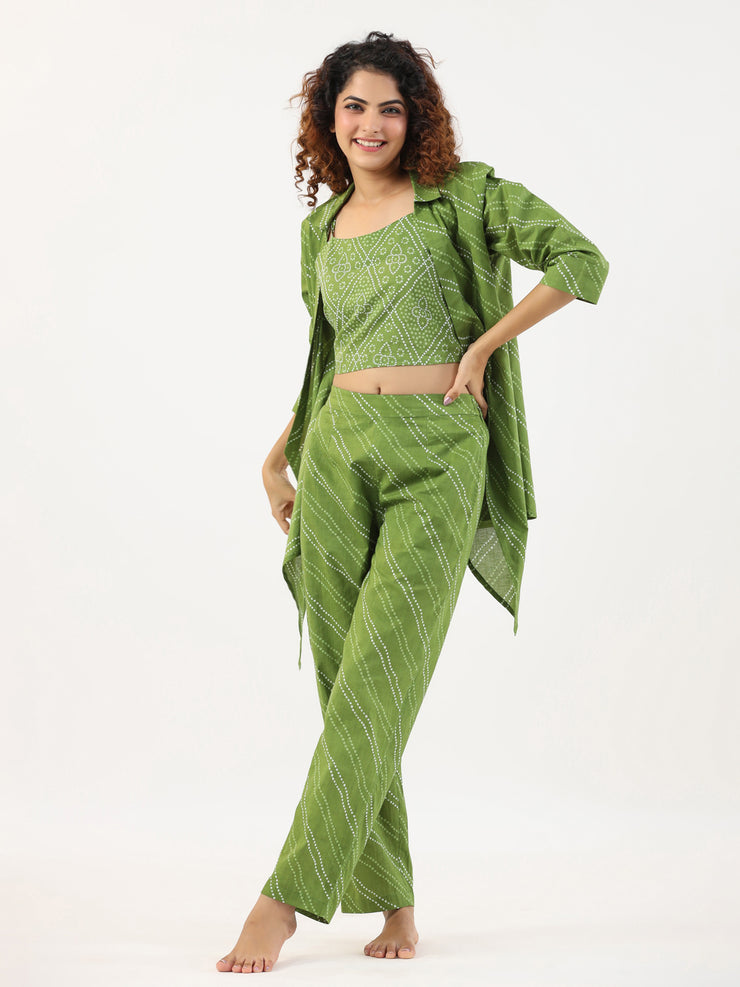 AVOCADO GREEN Bhandej Cotton 3 peice Co-ord set