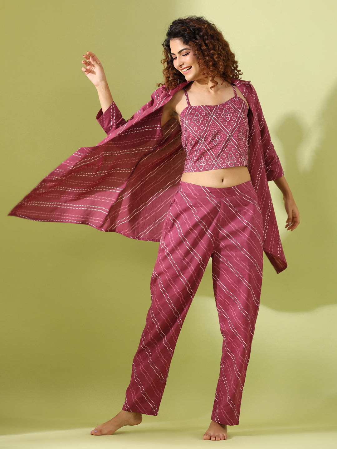 MYSTIC MAROON Bhandej Cotton 3 peice Co-ord set - SanskrutiHomes 