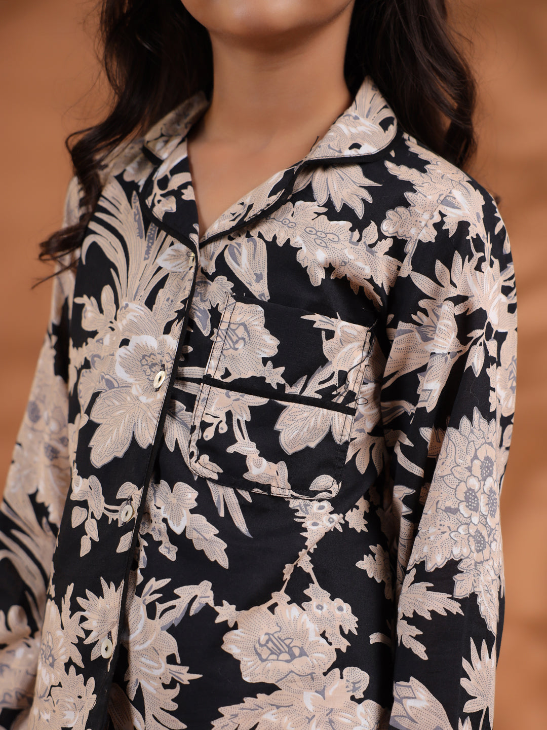 Black Floral Printed Cotton Night Suit for Kids - SanskrutiHomes 