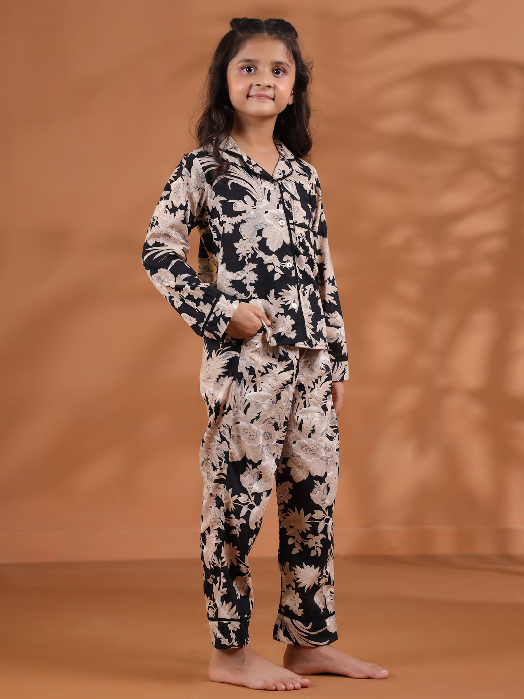 Black Floral Printed Cotton Night Suit for Kids