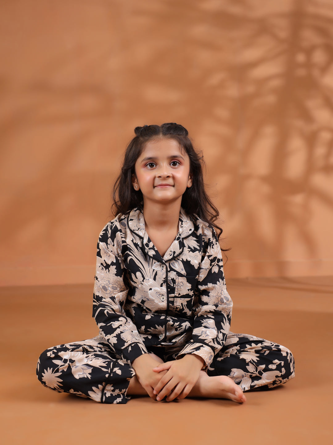 Black Floral Printed Cotton Night Suit for Kids