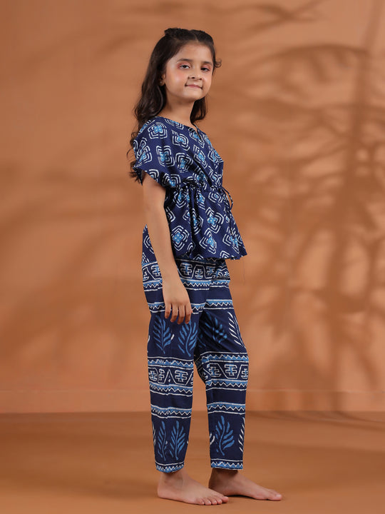 Blue Floral Printed Cotton Night Suit for Kids