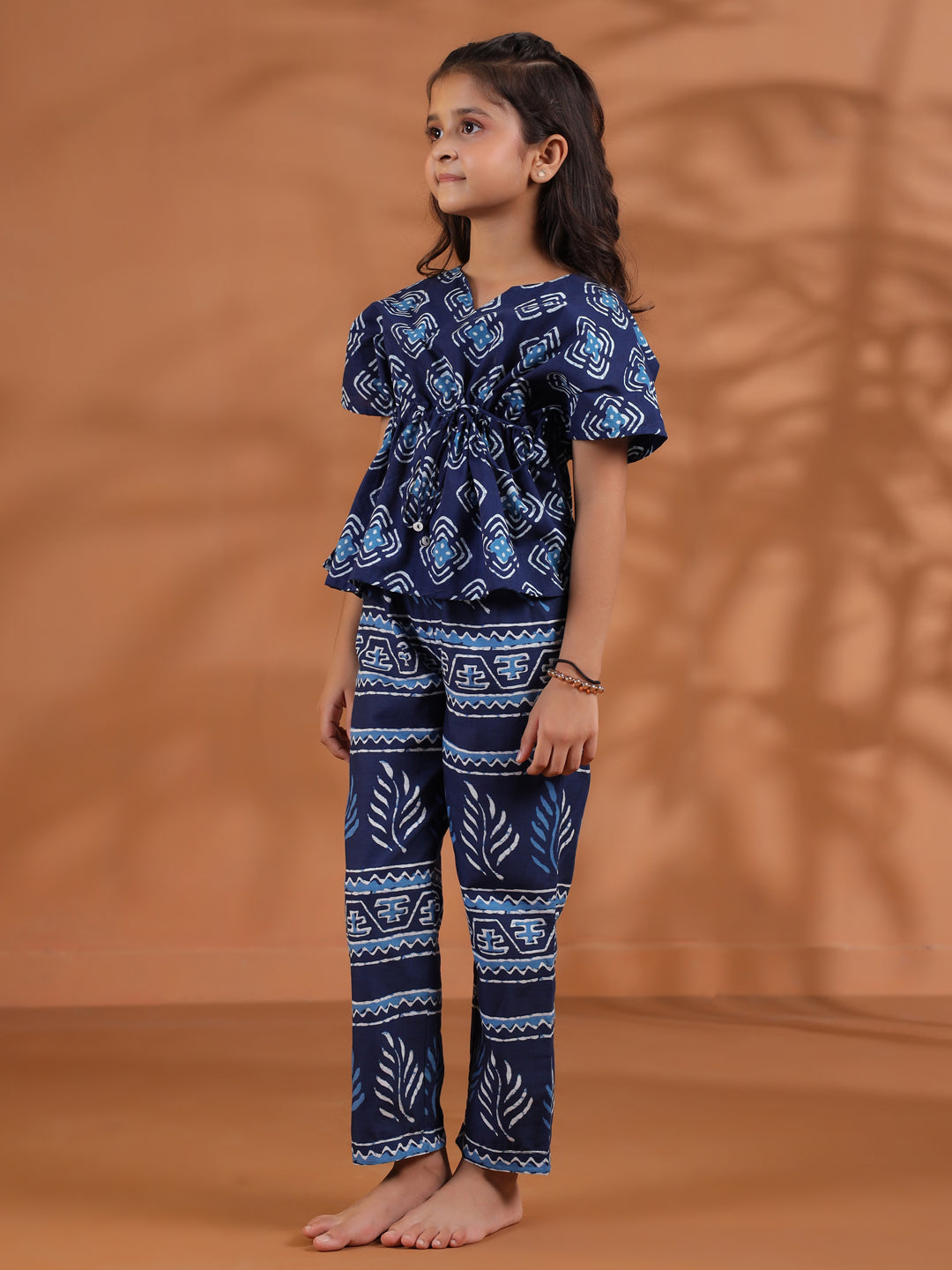 Blue Floral Printed Cotton Night Suit for Kids - SanskrutiHomes 