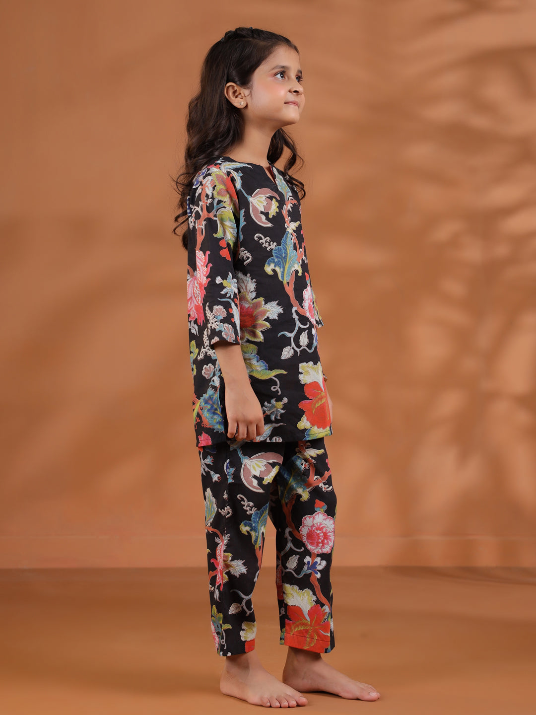 Black Flower Printed Kids Night Suit Set