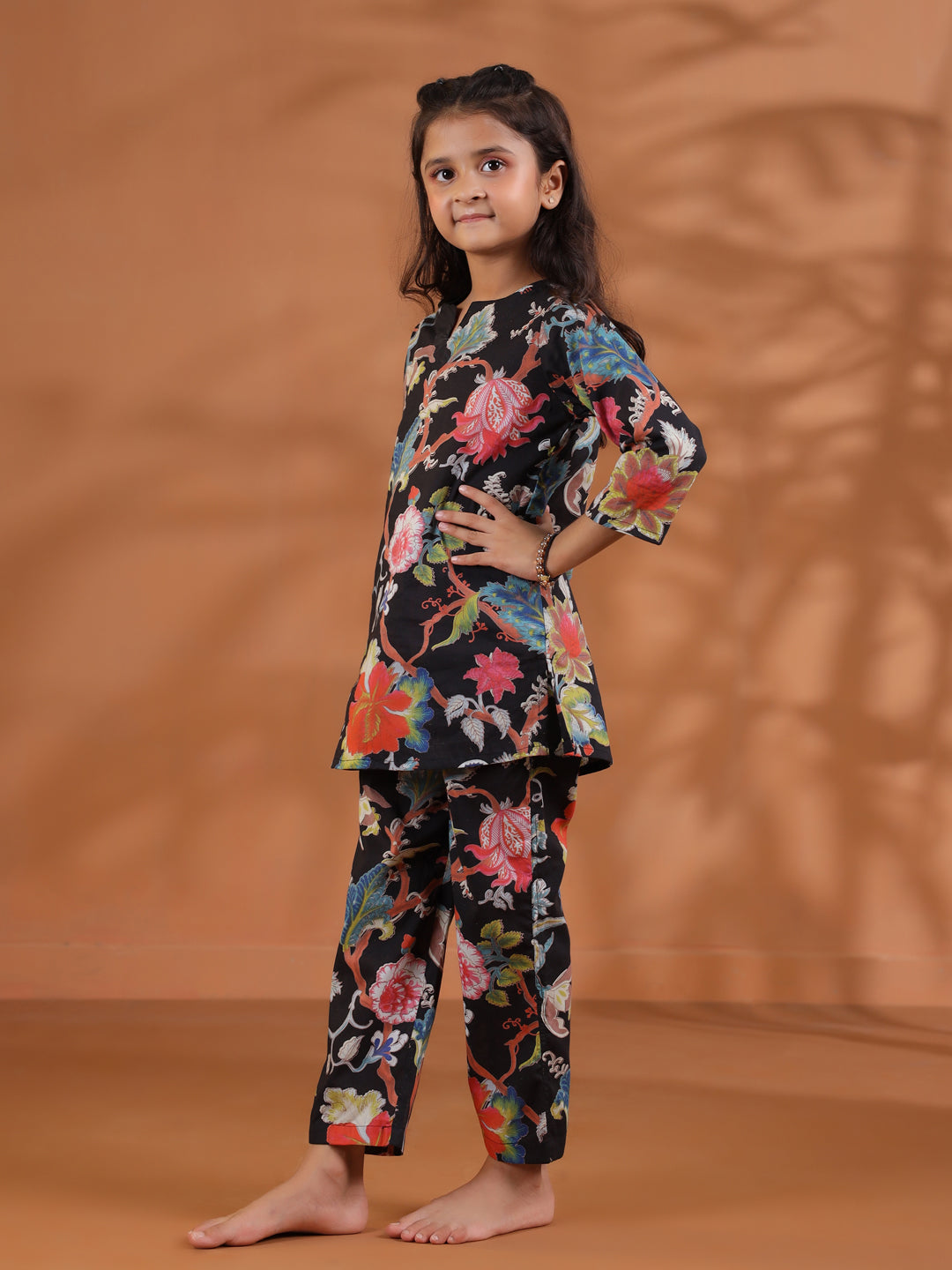 Black Flower Printed Kids Night Suit Set