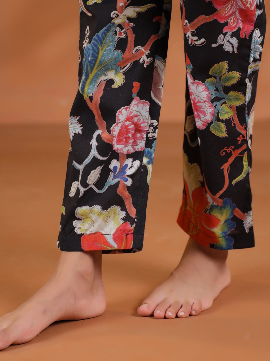 Black Flower Printed Kids Night Suit Set