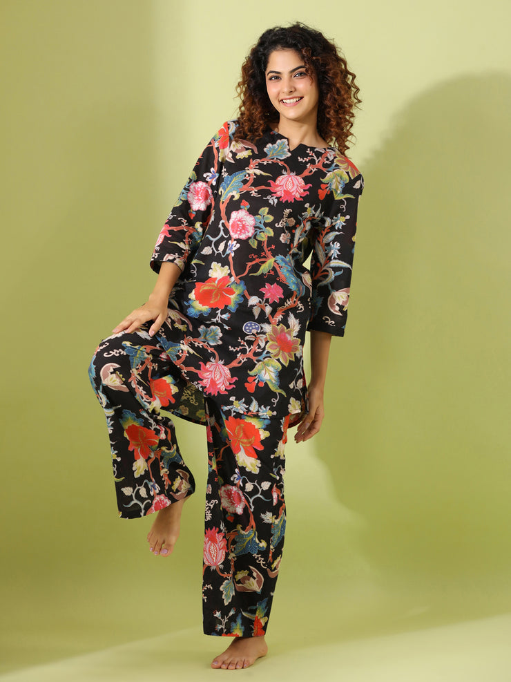 Black floral  print loungewear set