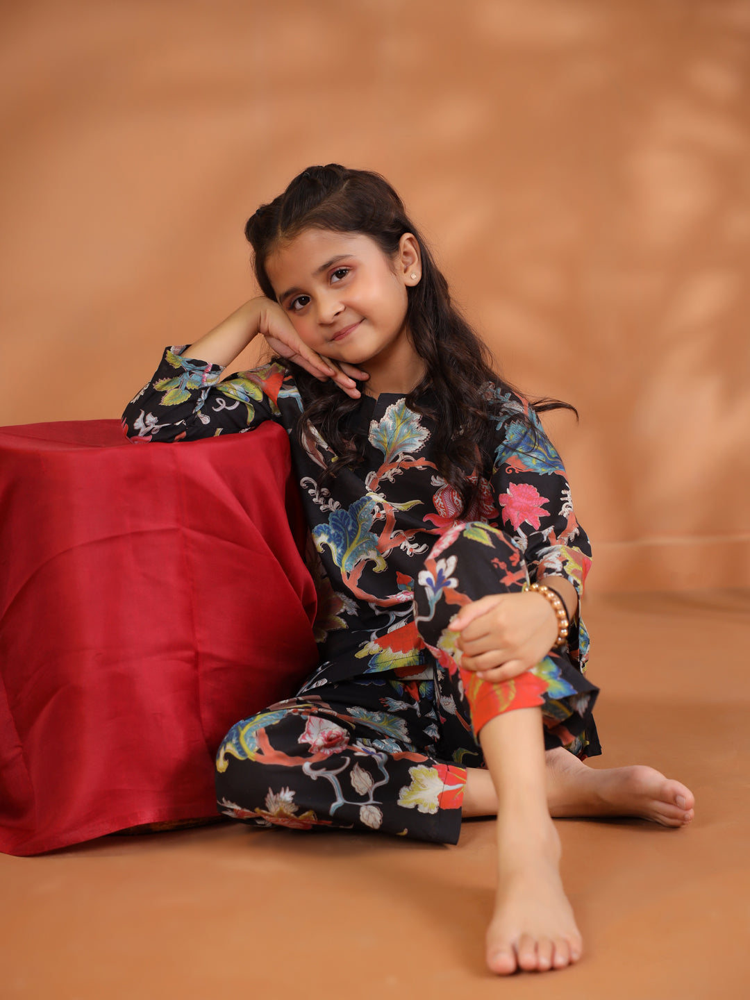 Black Flower Printed Kids Night Suit Set