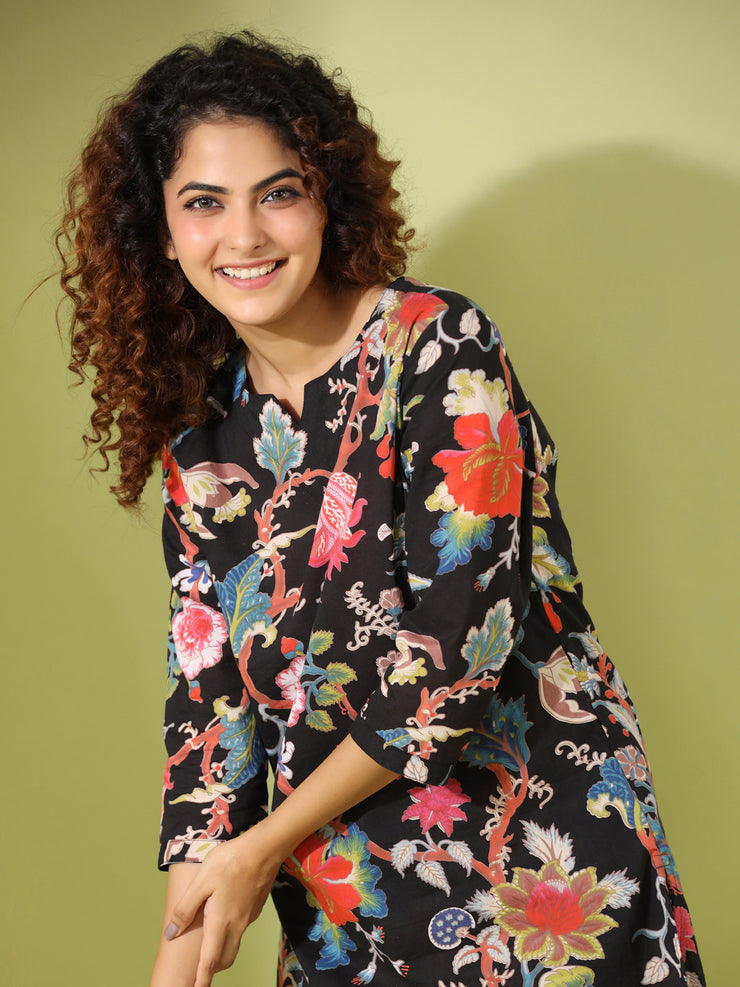 Buy Polyester Black Floral Print Party Wear Kurti Online - Kurtis