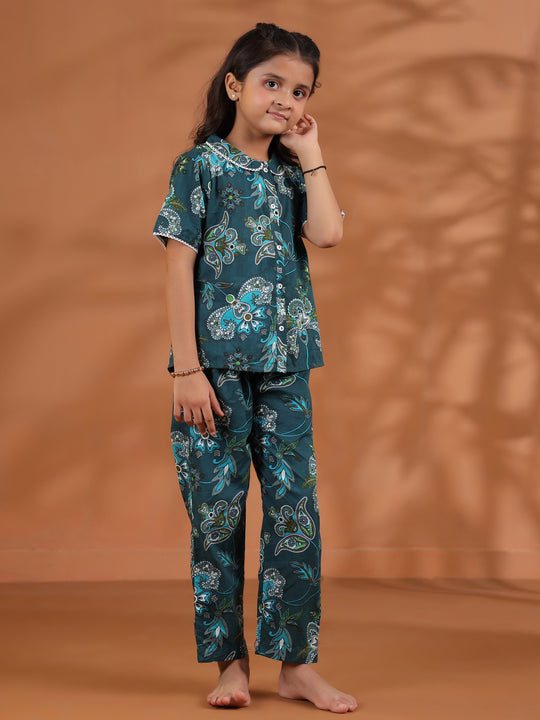 Green Round Neck Floral Printed Kids Night Suit Set