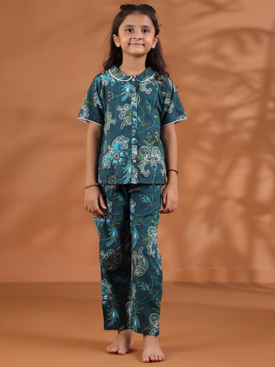 Green Round Neck Floral Printed Kids Night Suit Set
