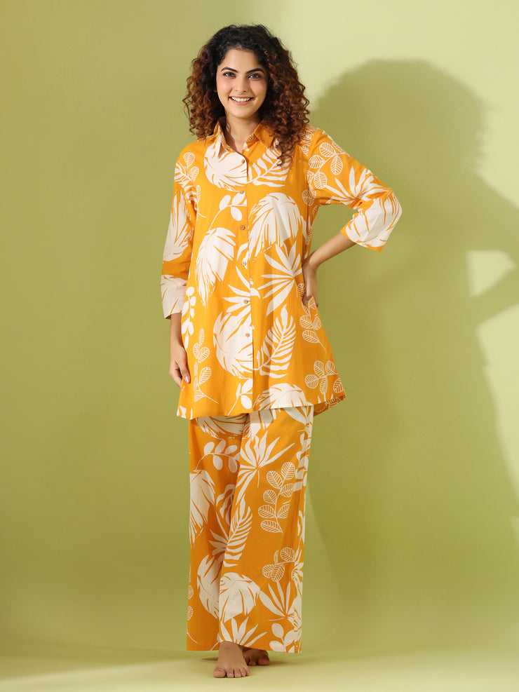 Yellow leaf Printed pure cotton co-ord set