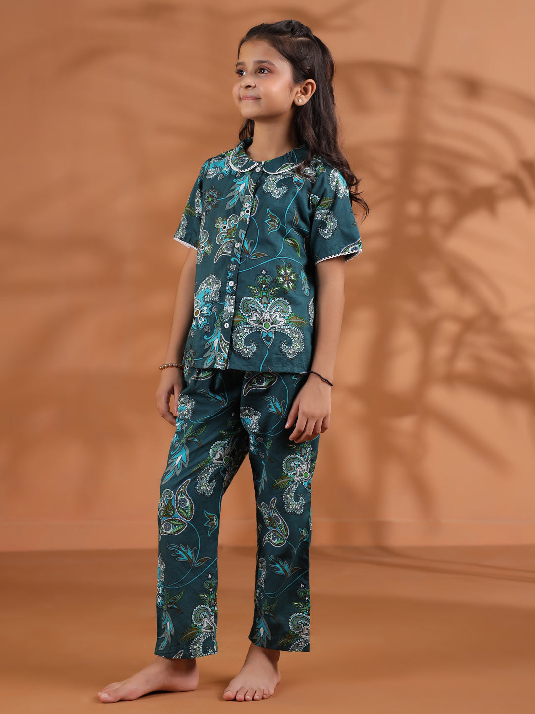 Green Round Neck Floral Printed Kids Night Suit Set