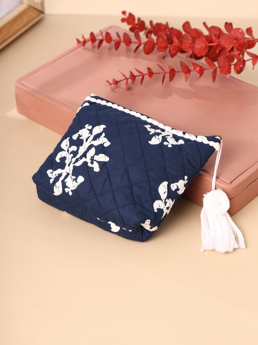 Blue Blockprint Cotton Quilted Pouch Bag with Tassels