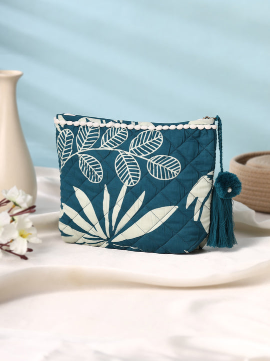 Blue Elegant Floral Cotton Pouch Bag