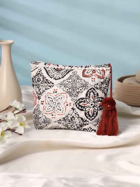 White Cotton Makeup/Travel Pouch with Tassels