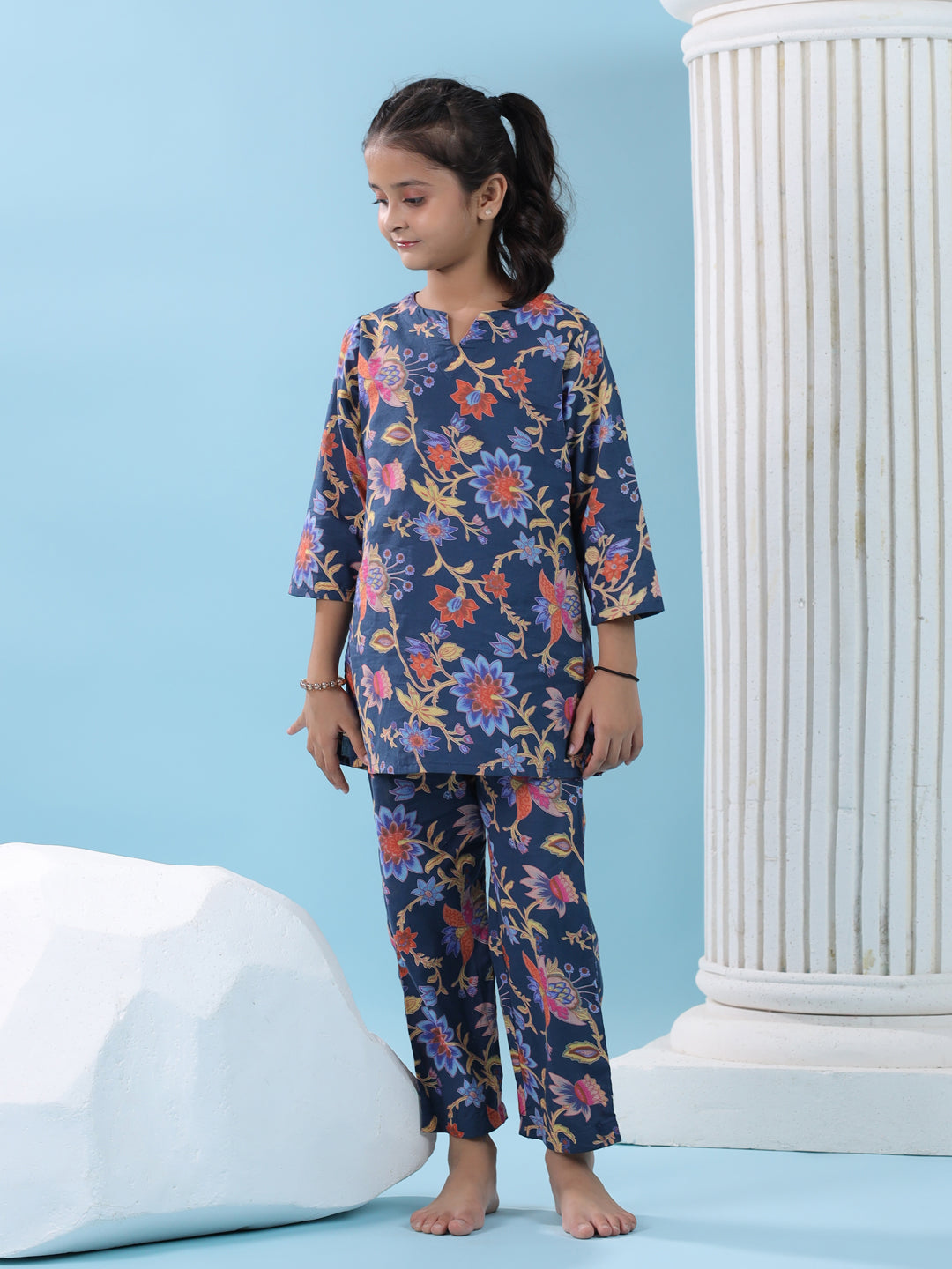 Blue Flower Printed Night Suit Set - SanskrutiHomes 