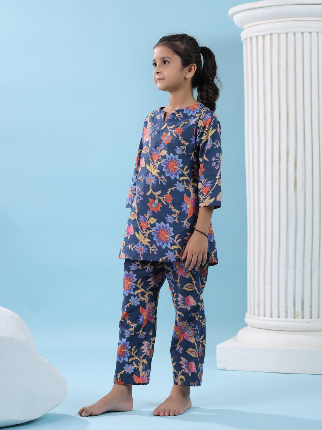 Blue Flower Printed Night Suit Set - SanskrutiHomes 