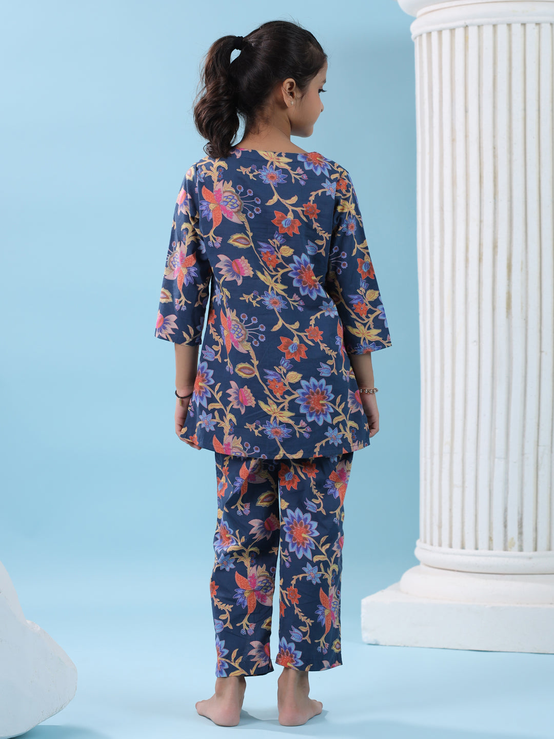 Blue Flower Printed Night Suit Set - SanskrutiHomes 