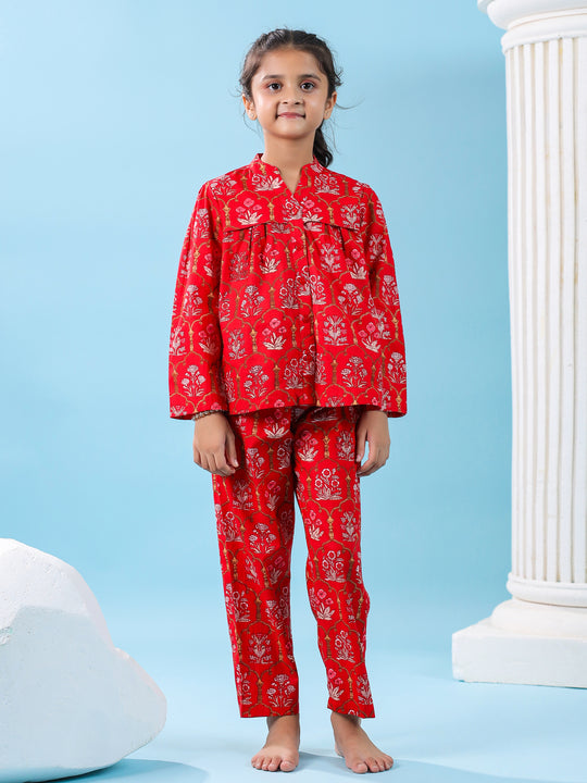 Red Floral Cotton Night Suit for Kids