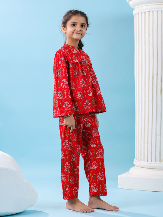 Red Floral Cotton Night Suit for Kids