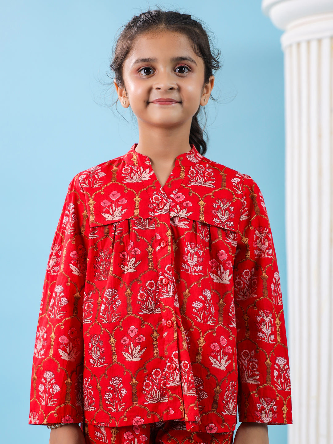 Red Floral Cotton Night Suit for Kids - SanskrutiHomes 