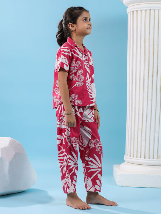 Pink Floral Cotton Night Suit for Kids