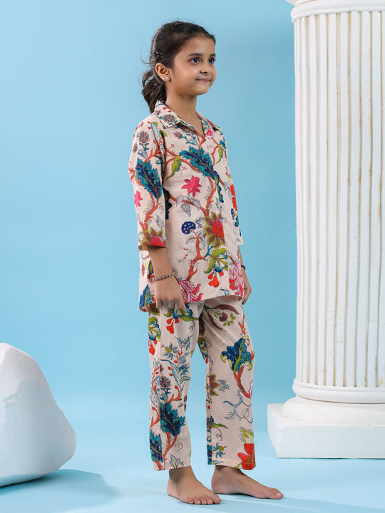 Multi Flower Printed Cotton Night Suit Set