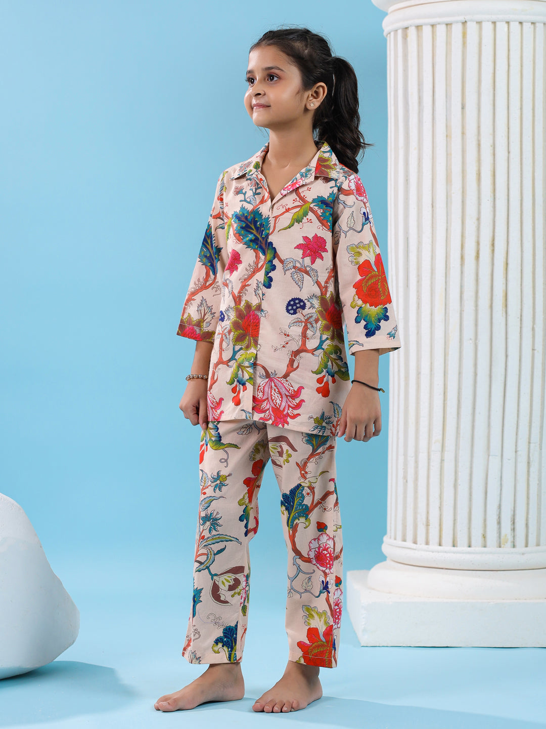 Multi Flower Printed Cotton Night Suit Set
