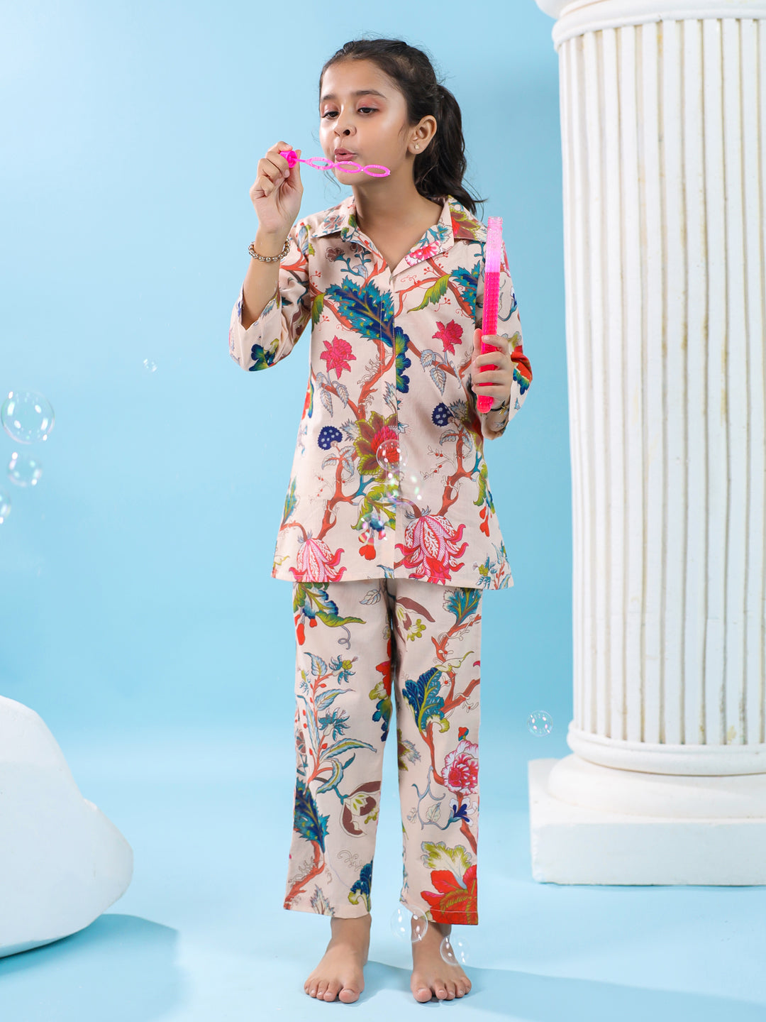 Multi Flower Printed Cotton Night Suit Set